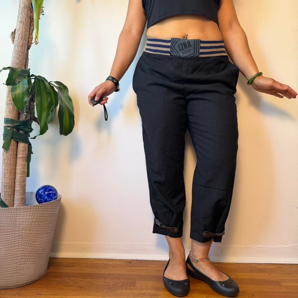 12NA Upcycled Pinstripe Cropped Capri Pants Black Navy Medium Buckle Ankle